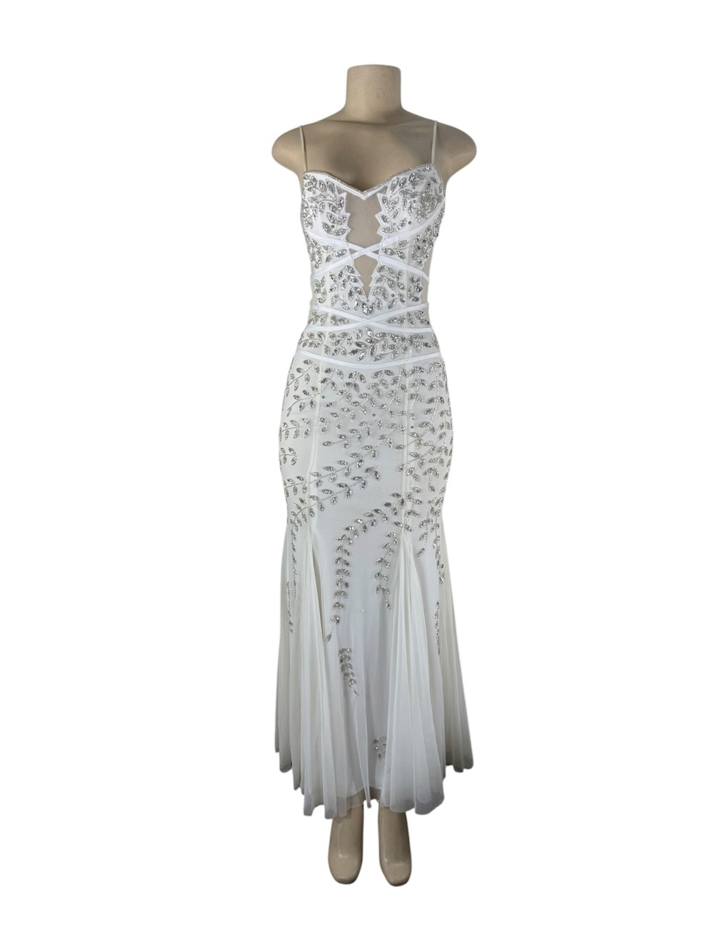 VINTAGE CACHE White Beaded Sequin Mesh Sweetheart Spaghetti Strap Maxi Dress - Picture 2 of 9